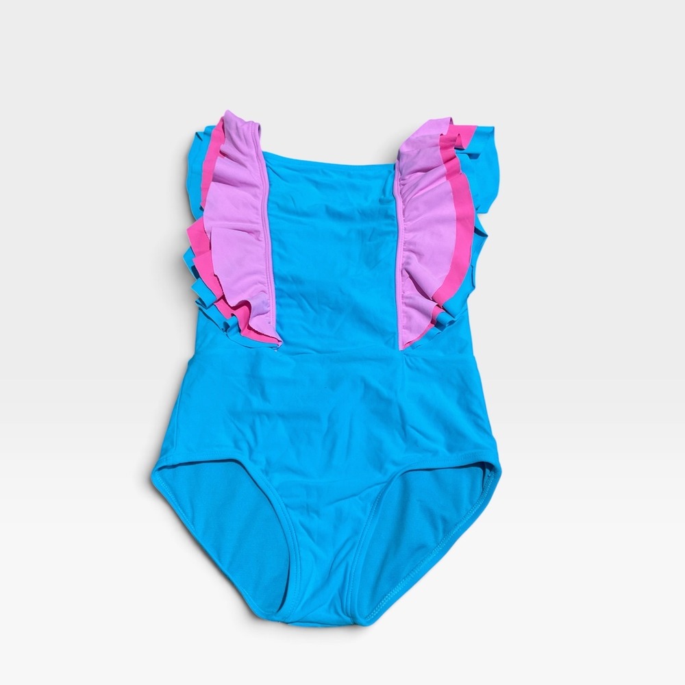 Beach Lingo One Piece Swimsuit Kids 6/7 Blue Pink Excellent Ruffle Trim